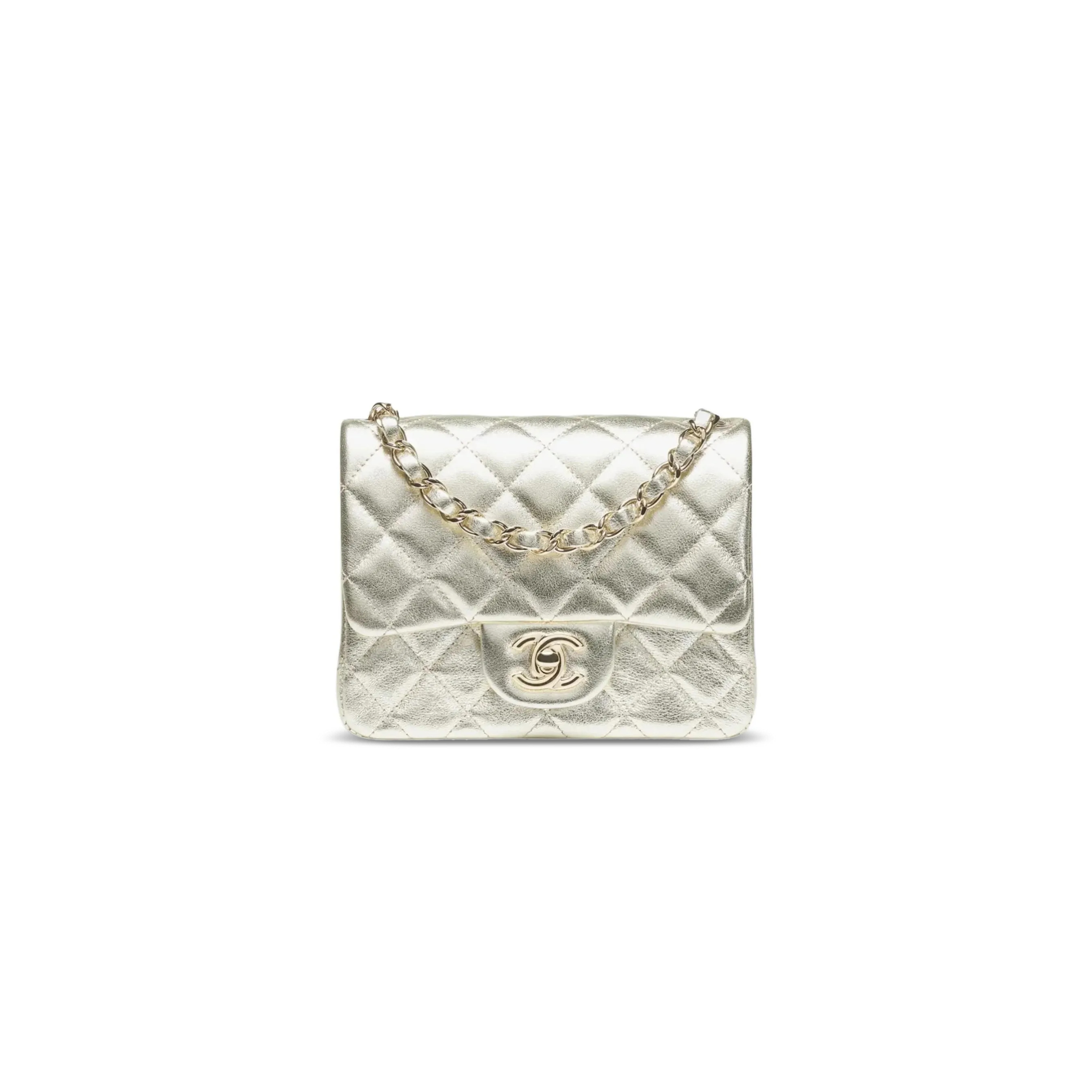 CHANEL MINI CLASSIC FLAP HANDBAG METALLIC CALFSKIN LIGHT GOLD A35200 (17*13*7cm)